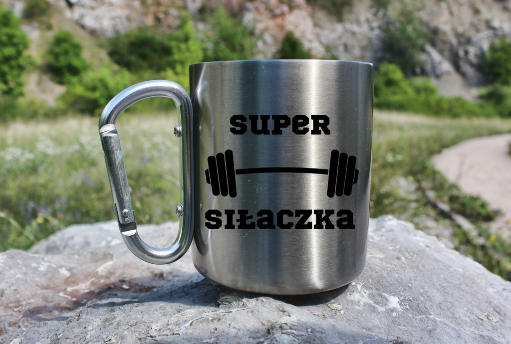 Kubek metalowy srebrny z karabińczykiem i nadrukiem „Super Siłaczka” – na siłownię #2