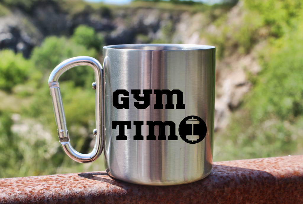 Kubek metalowy srebrny karabińczyk z nadrukiem "Gym Time" - na siłownię #1