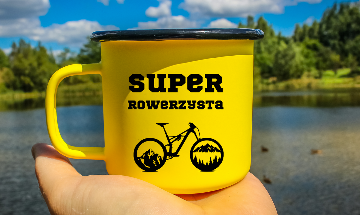 Kubek emaliowany żółty z nadrukiem "Super Rowerzysta" – dla rowerzysty #8