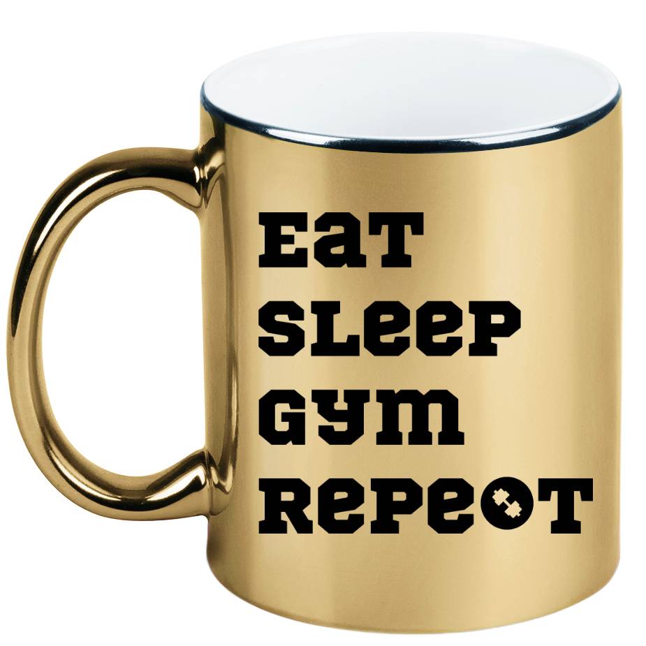 Kubek złoty prezent z nadrukiem „Eat Sleep Gym Repeat” – siłownia #7