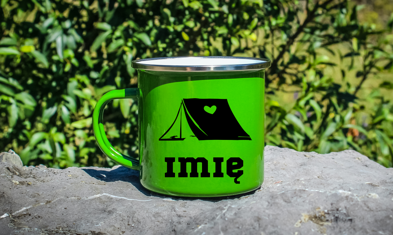 Kubek emaliowany zielony z grafiką namiotu i imieniem do wyboru – camping, pod namiot #4