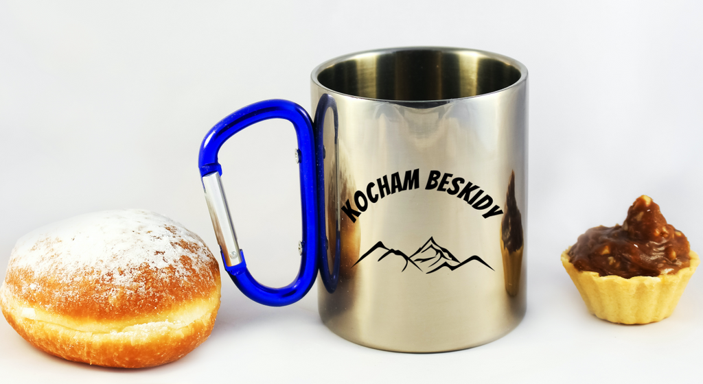 Kubek z niebieskim karabińczykiem i nadrukiem "Kocham Beskidy" – góry #1