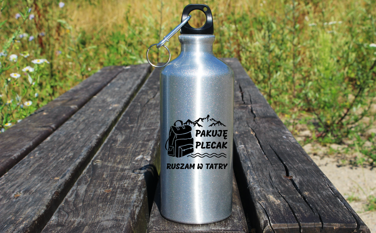 Bidon srebrny 500 ml z nadrukiem "Pakuję plecak, ruszam w Tatry" - Podhale, Zakopane, góry #1