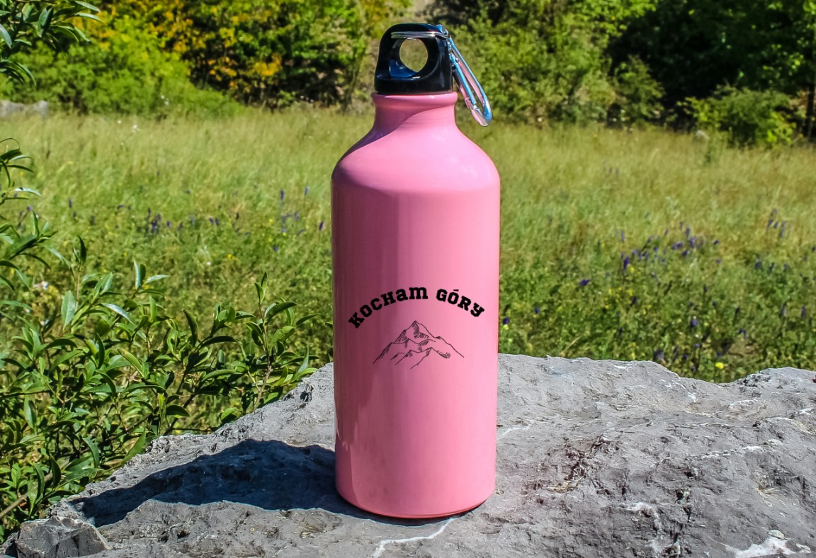 Butelka różowa 600 ml z nadrukiem "Kocham Góry" i grafiką góry #6