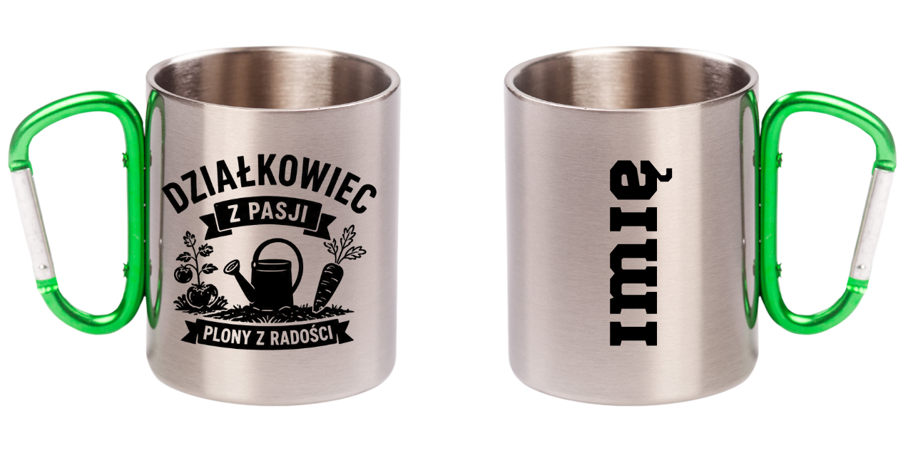 Kubek z zielonym karabińczykiem nadruk "Działkowiec z pasji, plony z radości" - działka, ogród #1