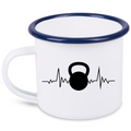 Kubek emaliowany biały z nadrukiem kettlebell i linią życia – siłownia #4