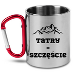 Kubek z czerwonym karabińczykiem i nadrukiem „Tatry = Szczęście” – trekking, góry #4