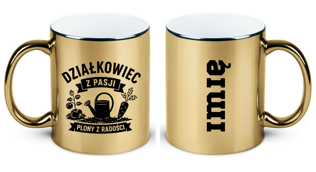 Kubek złoty z nadrukiem "Działkowiec z pasji, plony z radości" - działka, ogród #1