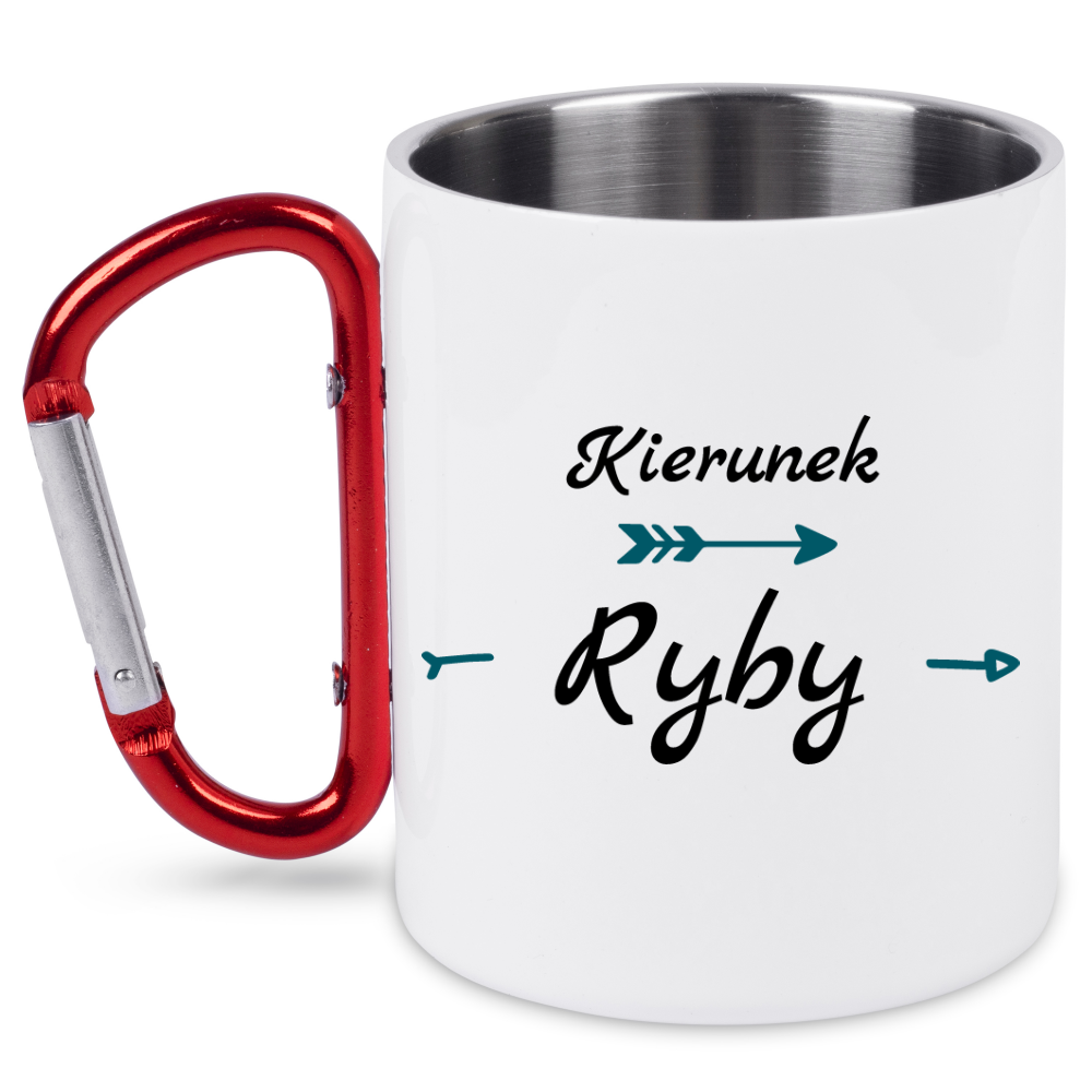 Kubek biały z czerwonym karabińczykiem i nadrukiem „Kierunek ryby” – wędkarstwo #4