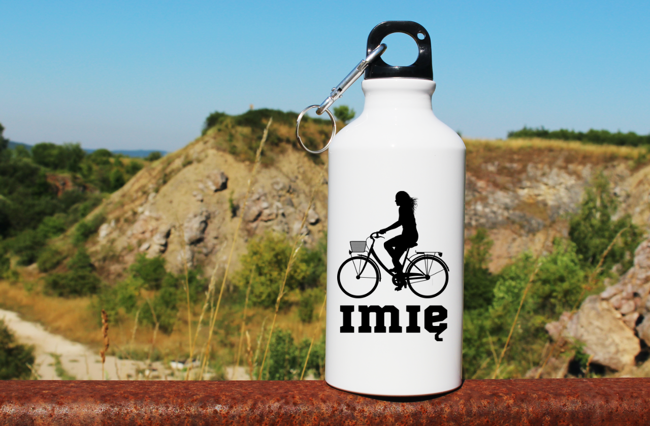 Butelka biała 400 ml z grafiką rowerową i imieniem do wyboru - dla rowerzystki #1