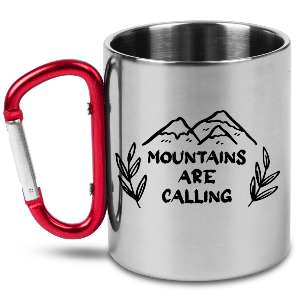 Kubek z czerwonym karabińczykiem i nadrukiem "Mountains are calling" - góry #8
