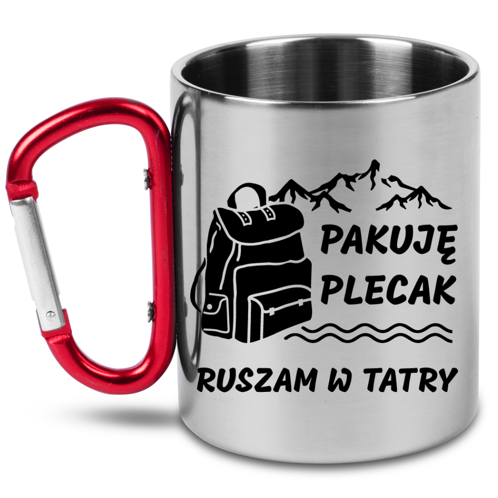 Kubek z czerwonym karabińczykiem i nadrukiem "Pakuję plecak, ruszam w Tatry" - trekking, góry #1