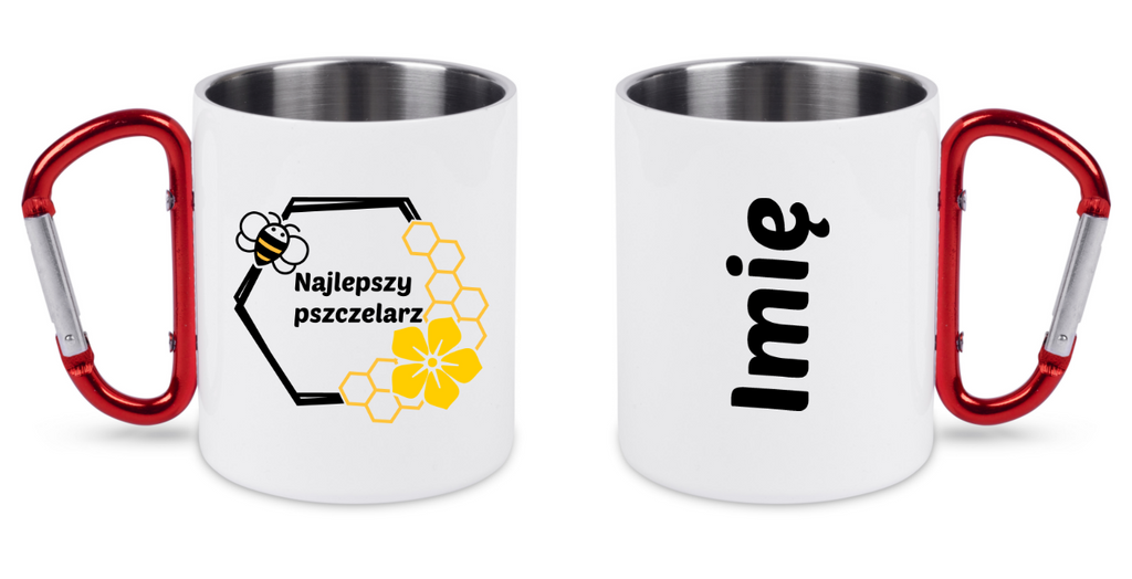 Kubek biały z czerwonym karabińczykiem i nadrukiem „Najlepszy pszczelarz” – pszczelarstwo #12
