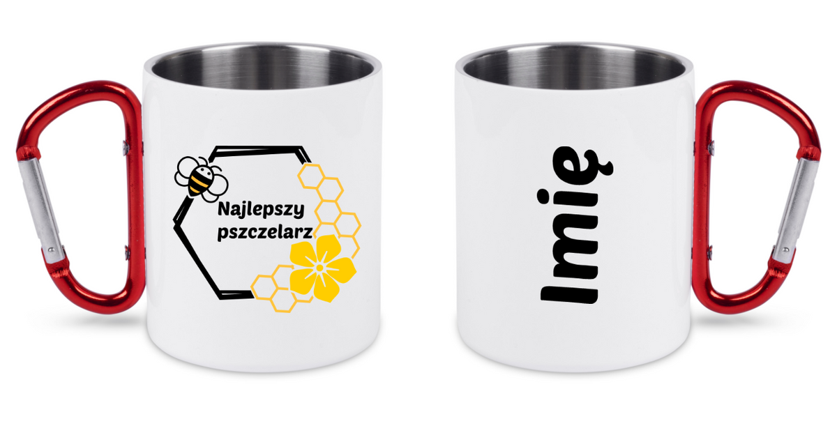 Kubek biały z czerwonym karabińczykiem i nadrukiem „Najlepszy pszczelarz” – pszczelarstwo #12
