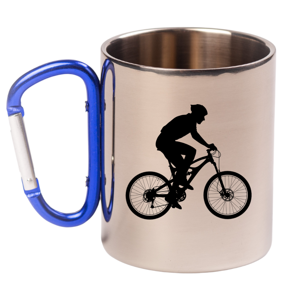 Kubek z niebieskim karabińczykiem, grafiką roweru i imieniem do wyboru – dla rowerzysty #5