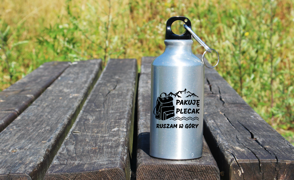 Butelka srebrna 400 ml z nadrukiem „Pakuję plecak, ruszam w góry #2