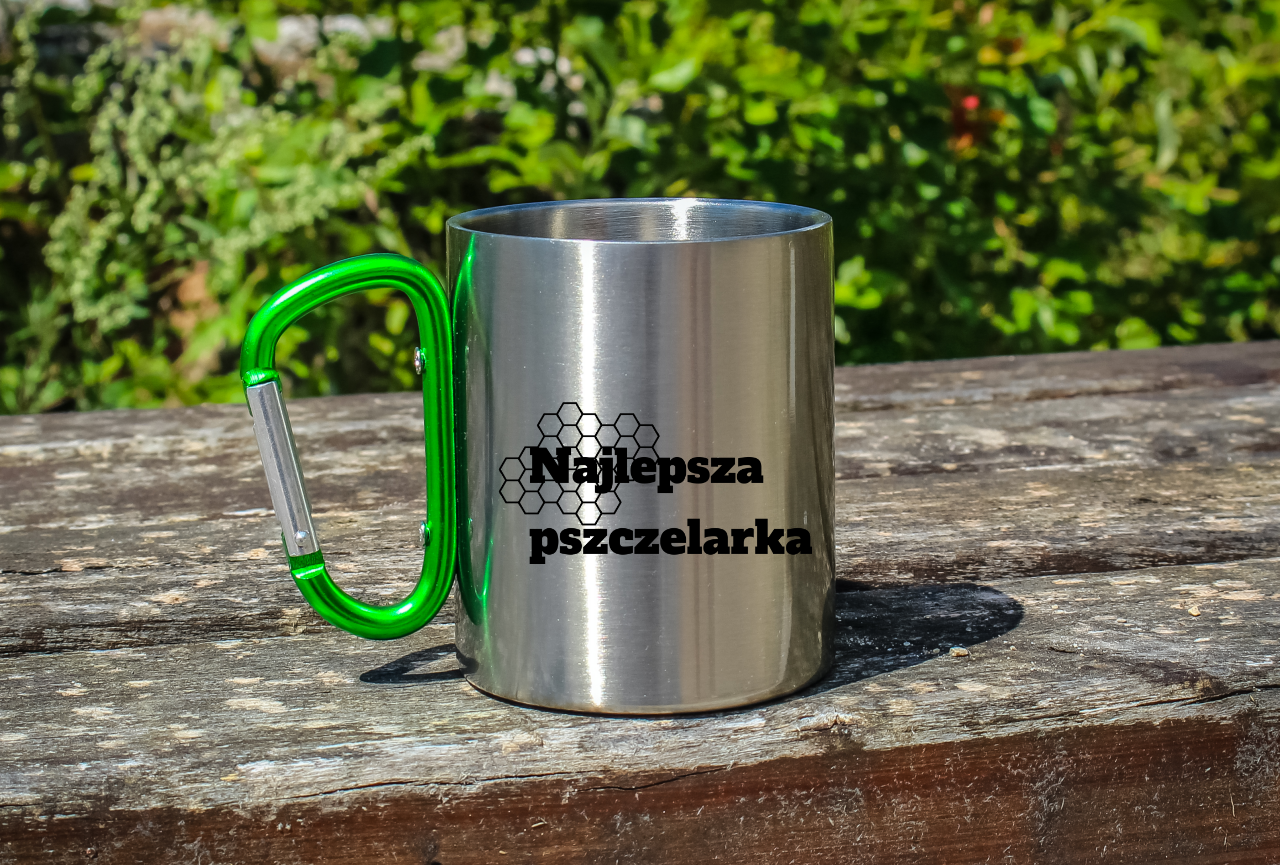 Kubek srebrny 300 ml z zielonym karabińczykiem i nadrukiem „Najlepsza pszczelarka” #6