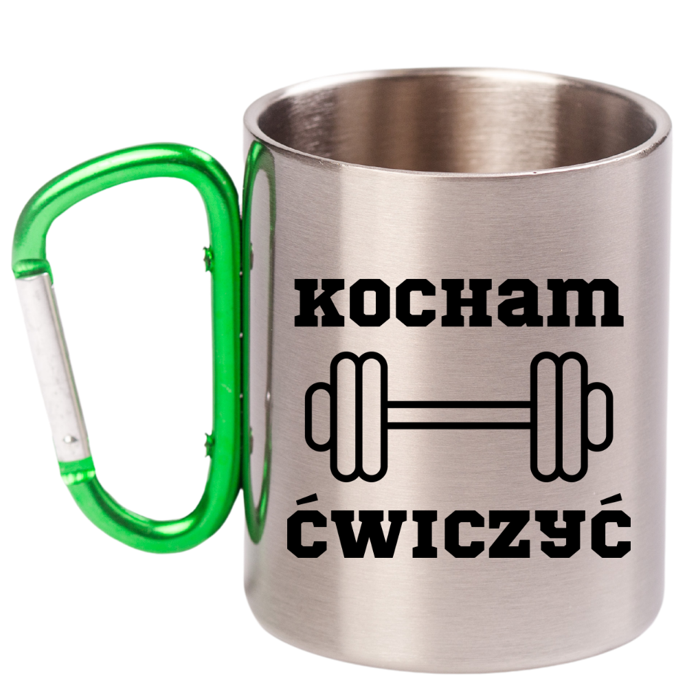 Kubek z zielonym karabińczykiem nadruk "Kocham Ćwiczyć" - siłownia #2