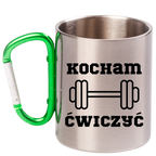Kubek z zielonym karabińczykiem nadruk "Kocham Ćwiczyć" - siłownia #2