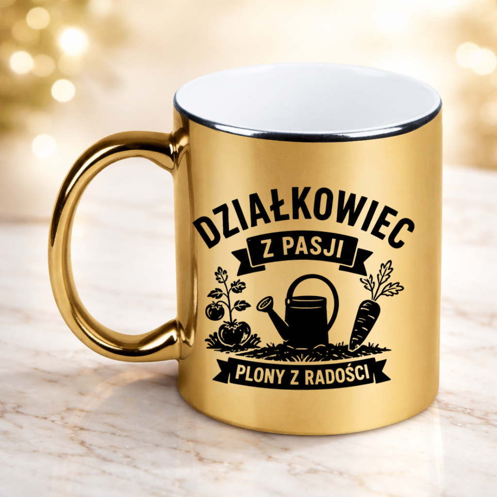 Kubek złoty z nadrukiem "Działkowiec z pasji, plony z radości" - działka, ogród #1