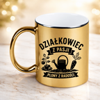 Kubek złoty z nadrukiem "Działkowiec z pasji, plony z radości" - działka, ogród #1