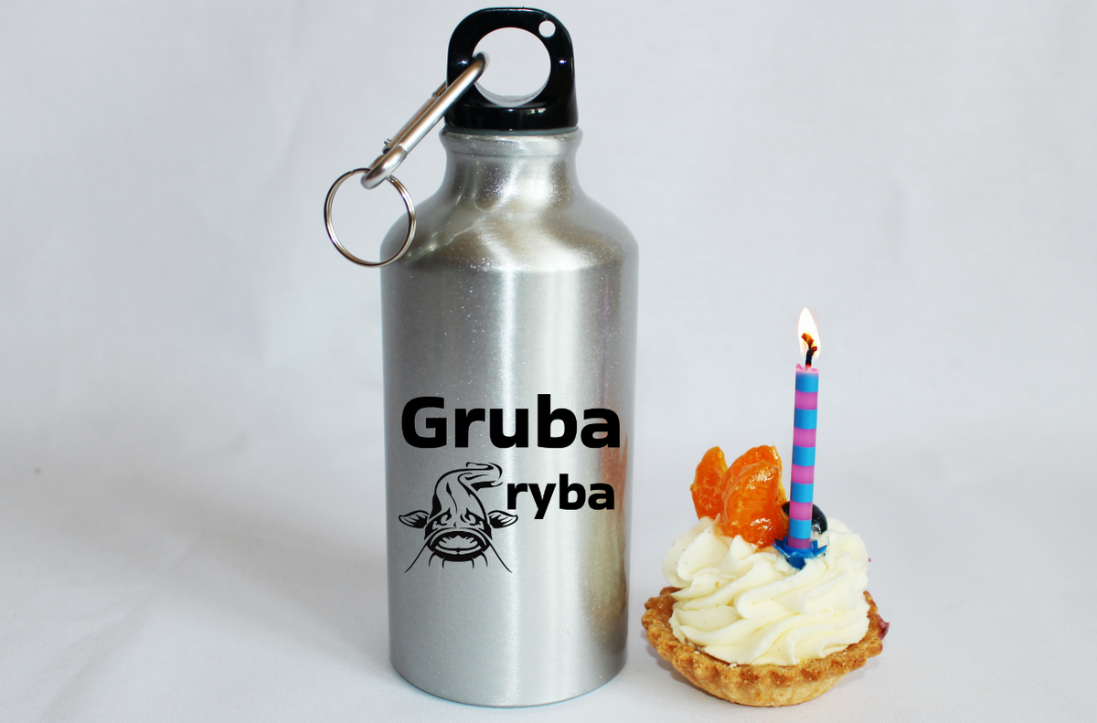 Butelka srebrna 400 ml z nadrukiem "Gruba ryba" – wędkarstwo #10