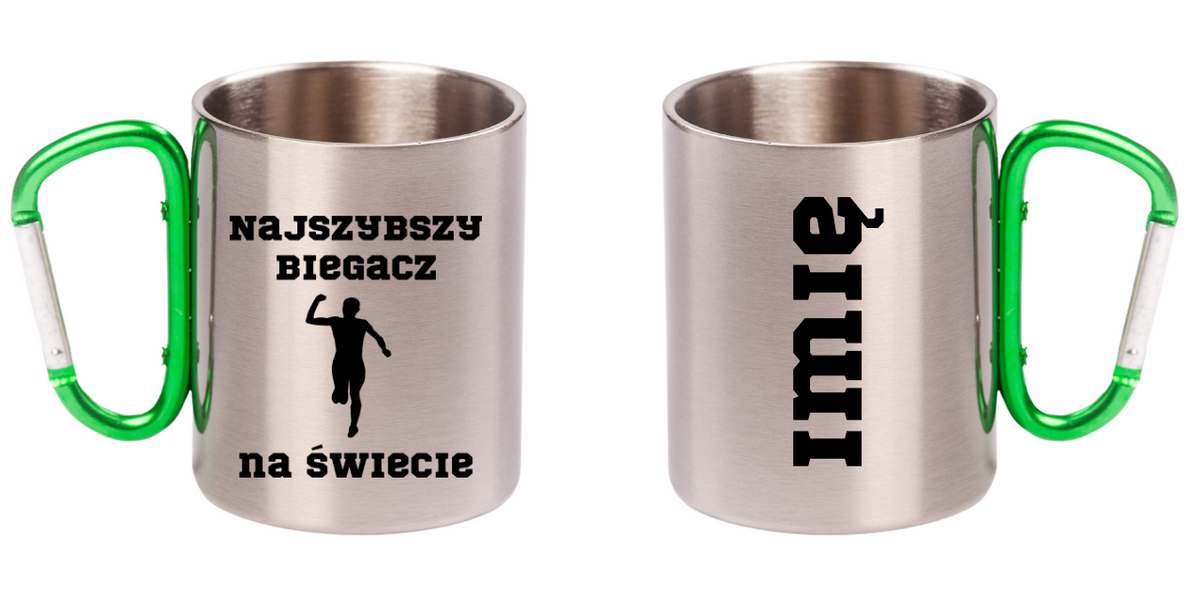 Kubek z karabińczykiem zielonym z nadrukiem "Najszybszy Biegacz na Świecie" – bieganie #4