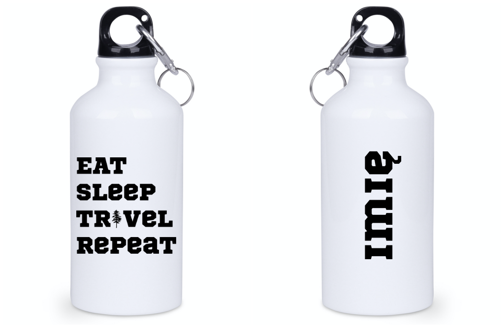 Butelka biała 400 ml z nadrukiem „Eat Sleep Travel Repeat” – podróż, wyprawa #5