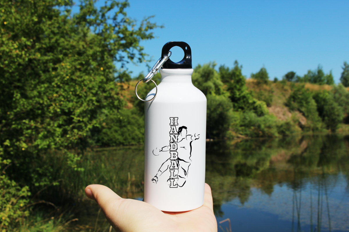 Bidon na wodę 400 ml z czarnym napisem "HANDBALL" i grafiką piłkarza #5