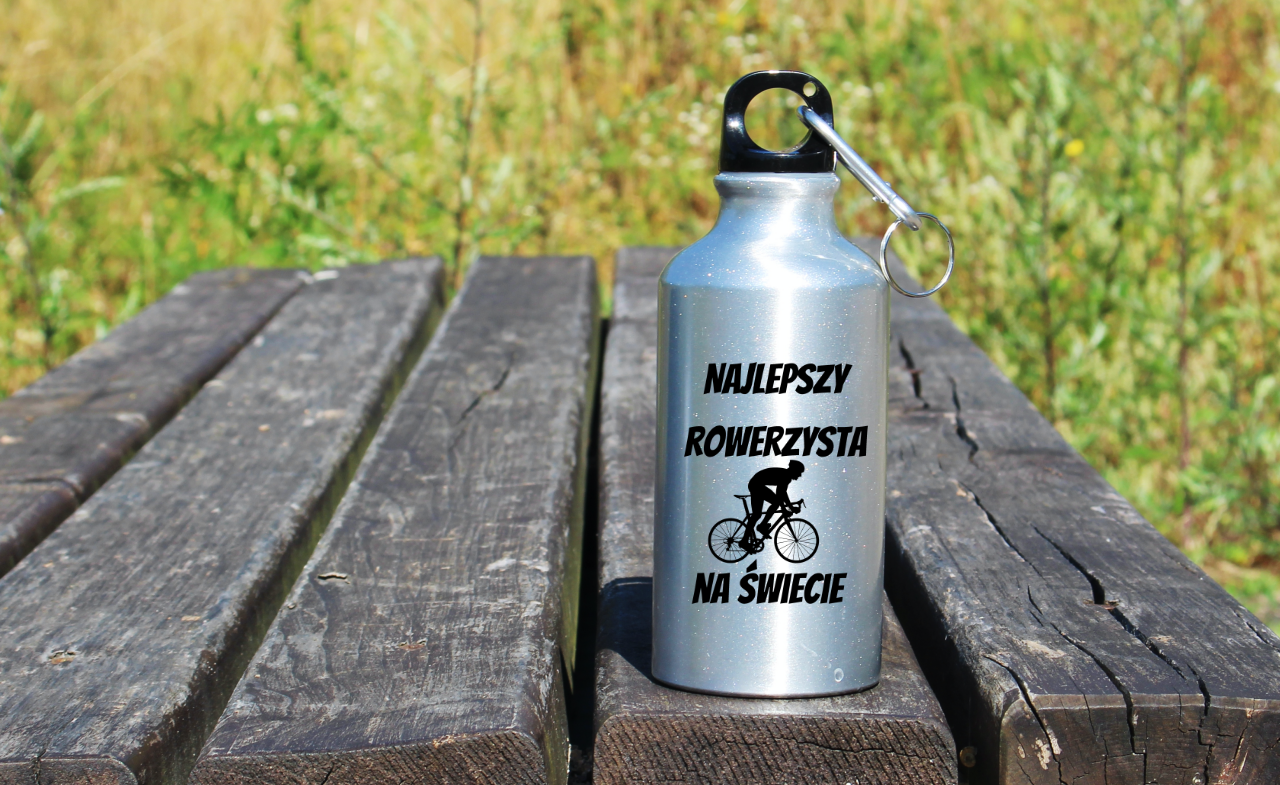 Butelka srebrna 400 ml z nadrukiem „Najlepszy rowerzysta na świecie” – dla rowerzysty #7