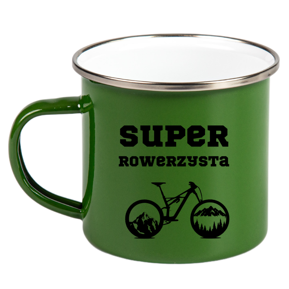 Kubek emaliowany zielony z nadrukiem "Super Rowerzysta" - dla rowerzysty #7