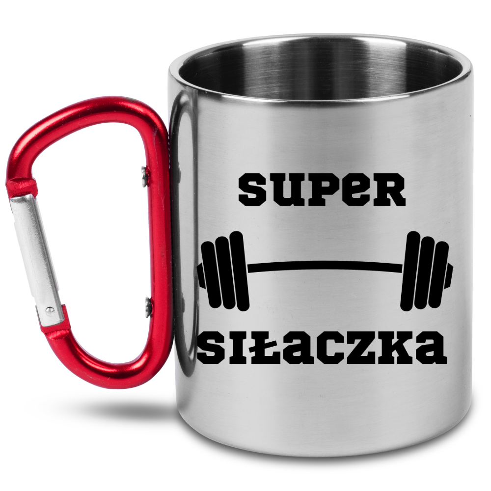 Kubek z czerwonym karabińczykiem i nadrukiem „Super Siłaczka” – na siłownię #2