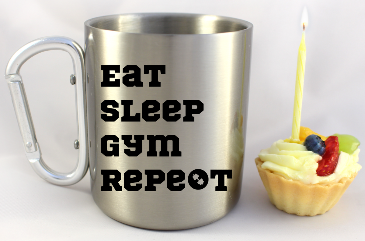Kubek metalowy srebrny z karabińczykiem i nadrukiem „Eat Sleep Gym Repeat” – na siłownię #7