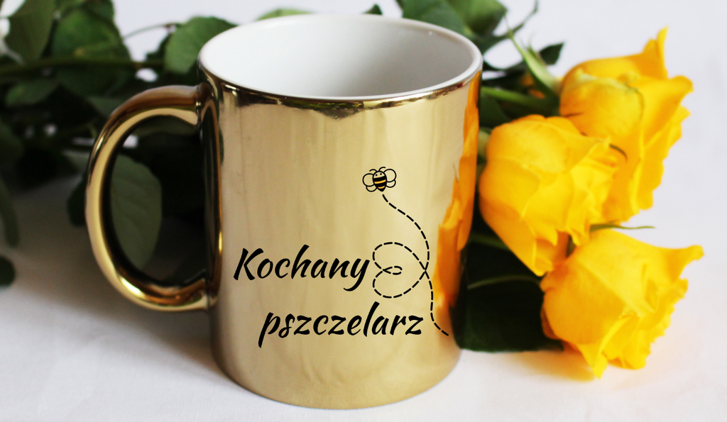 Kubek złoty z nadrukiem „Kochany pszczelarz” – pszczelarstwo #6