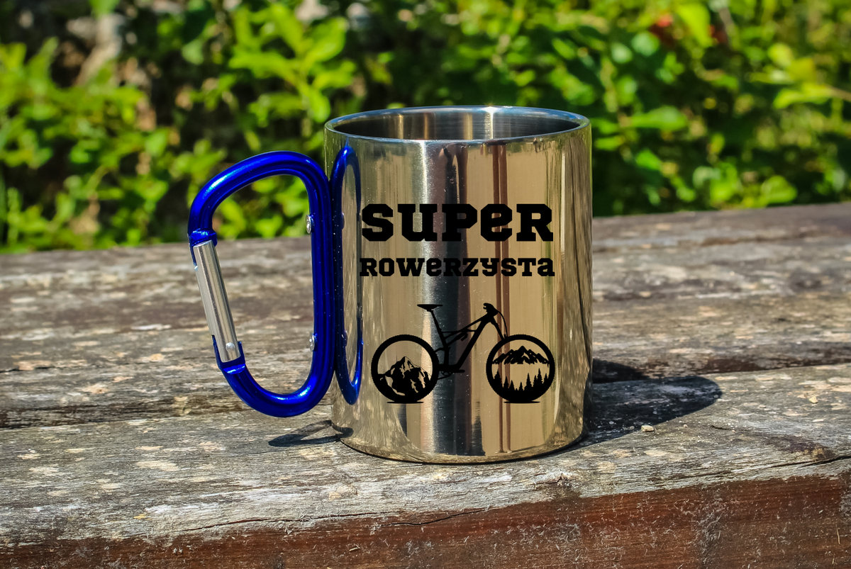 Kubek z niebieskim karabińczykiem, nadruk "Super Rowerzysta" – dla rowerzysty #8