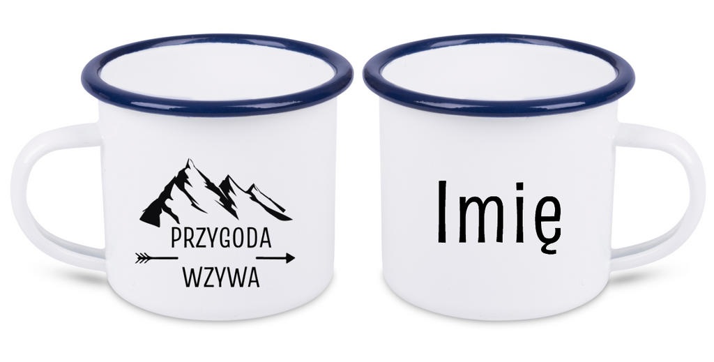 Kubek biały emaliowany z nadrukiem "Przygoda wzywa" #1