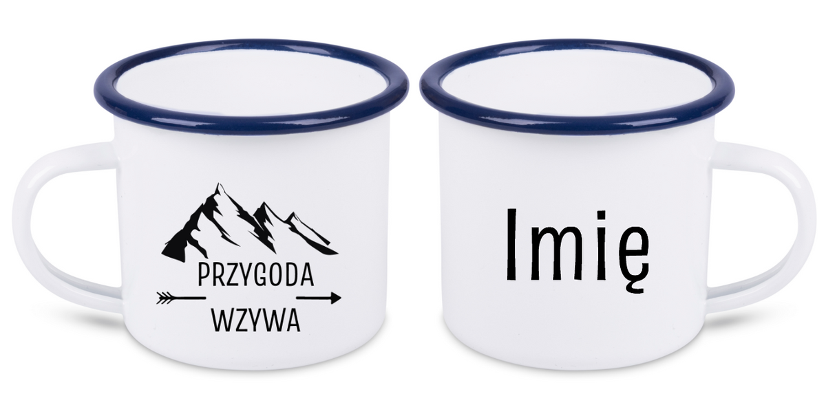 Kubek biały emaliowany z nadrukiem "Przygoda wzywa" #1