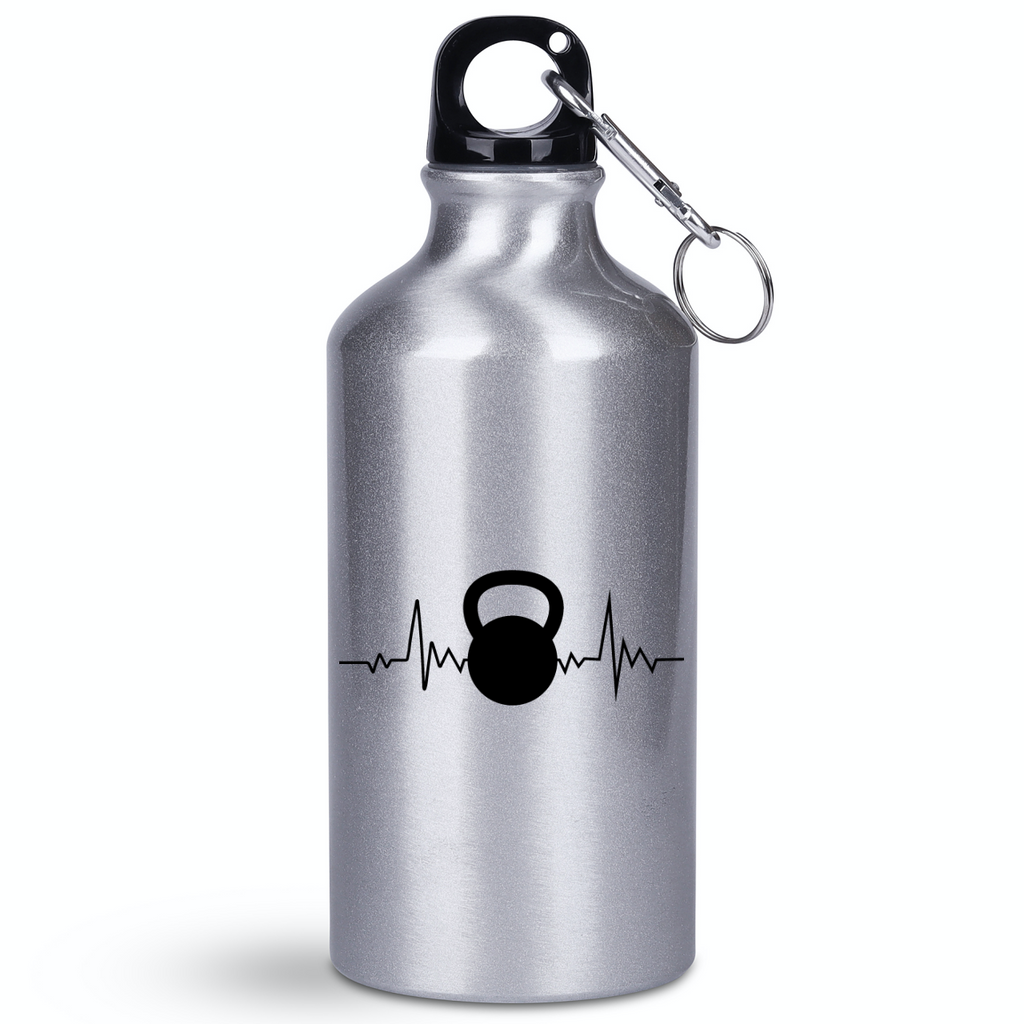 Bidon srebrny 400 ml z grafiką kettlebell i linia życia – siłownia #4