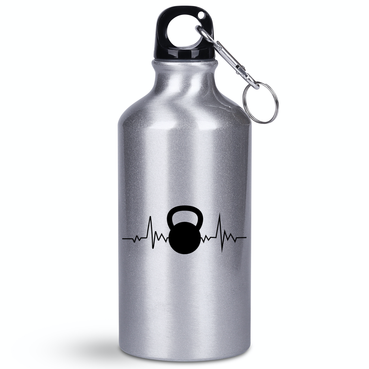 Bidon srebrny 400 ml z grafiką kettlebell i linia życia – siłownia #4