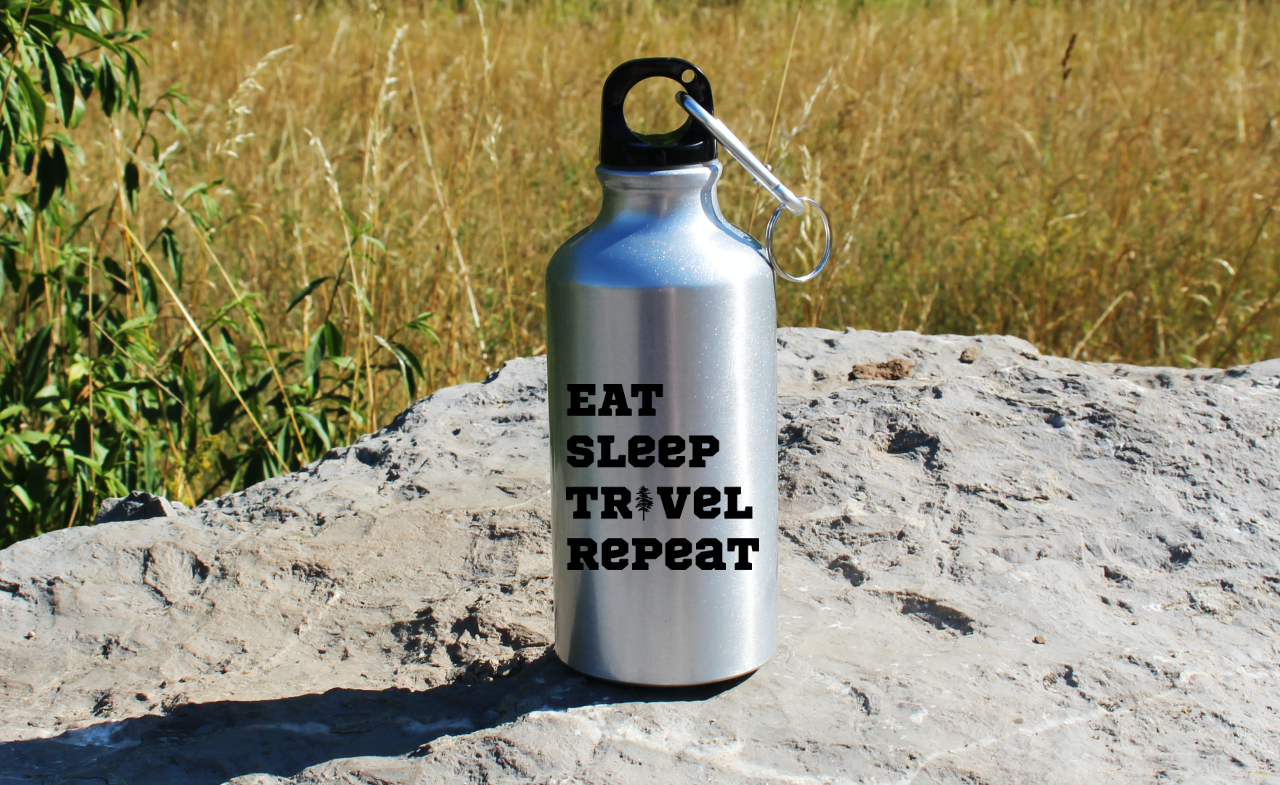 Butelka srebrna 400 ml z nadrukiem „Eat Sleep Travel Repeat” – podróż, przygoda, przyroda #5