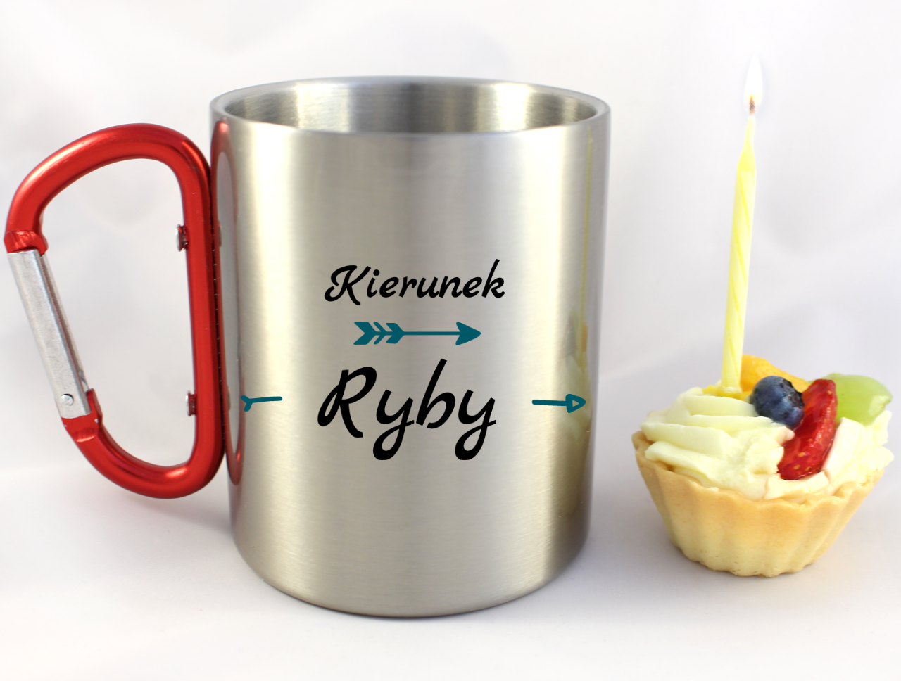 Kubek z czerwonym karabińczykiem i nadrukiem "Kierunek ryby" - wędkarstwo #4