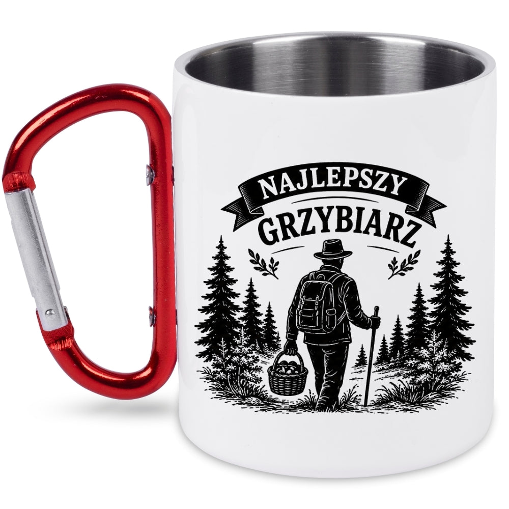 Kubek biały z czerwonym karabińczykiem „Najlepszy Grzybiarz” – na grzyby #4