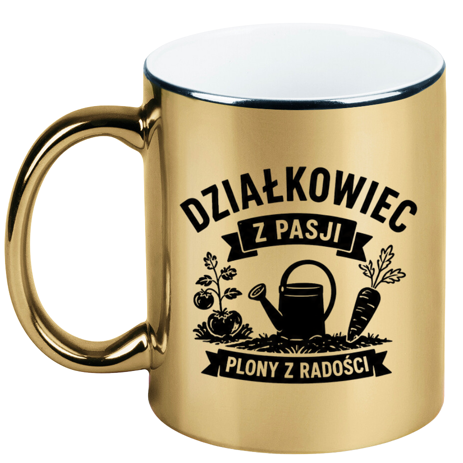 Kubek złoty z nadrukiem "Działkowiec z pasji, plony z radości" - działka, ogród #1