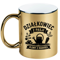 Kubek złoty z nadrukiem "Działkowiec z pasji, plony z radości" - działka, ogród #1