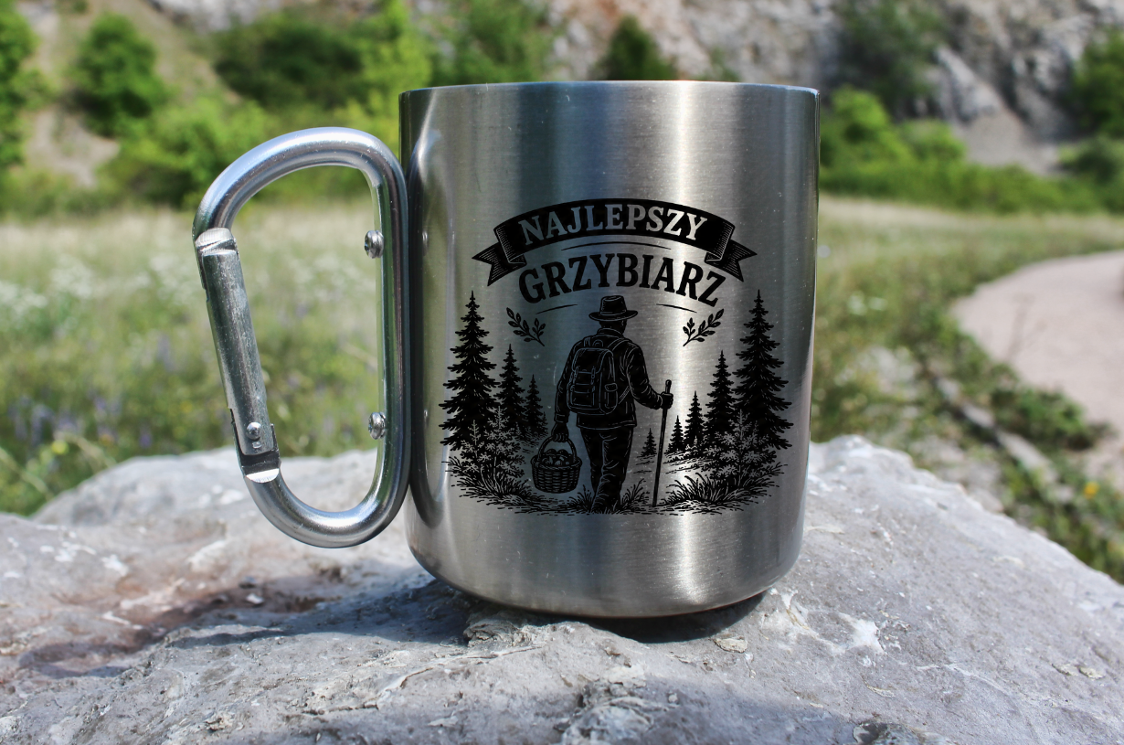 Kubek metalowy z karabińczykiem i nadrukiem „Najlepszy Grzybiarz” – na grzyby #4