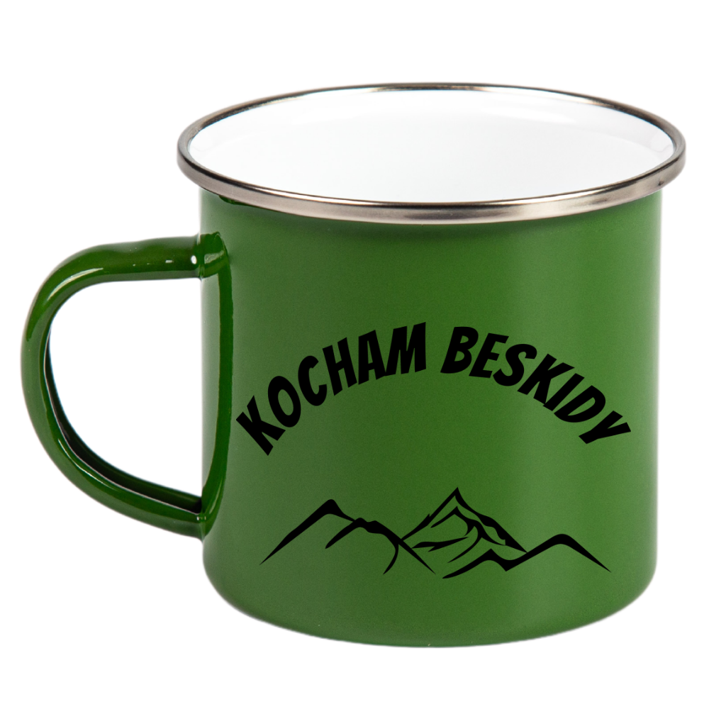 Kubek emaliowany zielony z nadrukiem "Kocham Beskidy" - góry #1