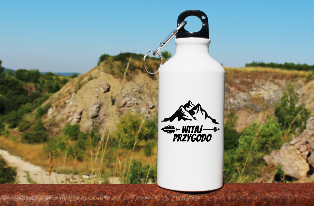 Butelka biała 400 ml z nadrukiem „Witaj przygodo” – podróż, wyprawa #11