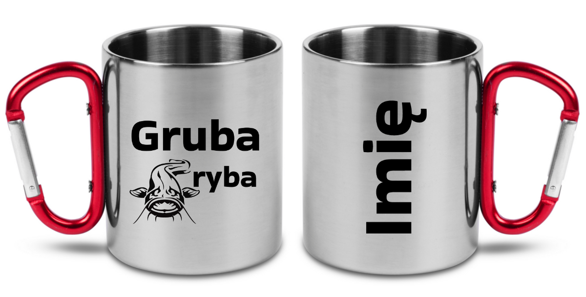 Kubek z czerwonym karabińczykiem i nadrukiem „Gruba ryba” – wędkarstwo #10