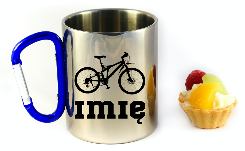 Kubek z niebieskim karabińczykiem, grafiką roweru i imieniem do wyboru – dla rowerzystów #4