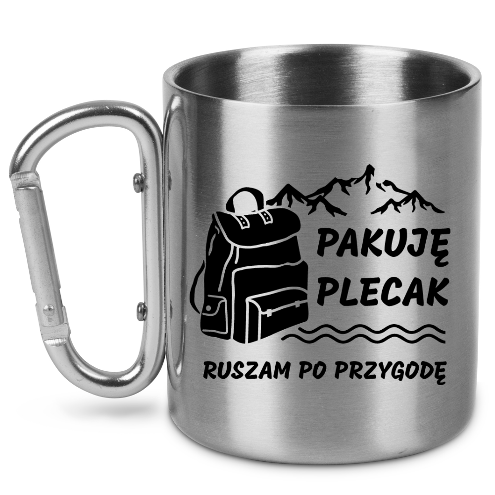 Kubek karabińczyk srebrny z nadrukiem „Pakuję plecak, ruszam po przygodę” – góry #3